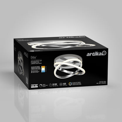 The black box displays the Artika Orbia modern LED flush mount light 3 CCT, with an image of the circular fixture on front and top. Features and specs appear in white text.