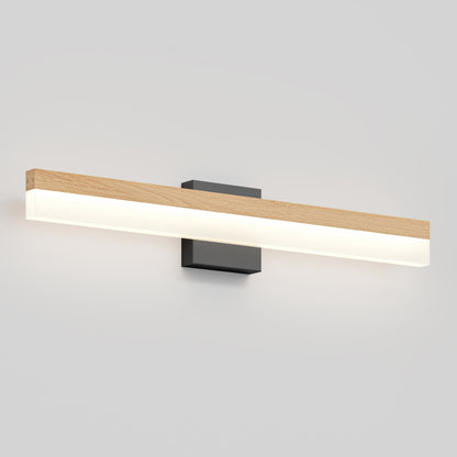 The Artika Neil modern LED bathroom vanity light features a rectangular wooden bar with a frosted white diffuser, mounted to a dark square base on a plain white wall.