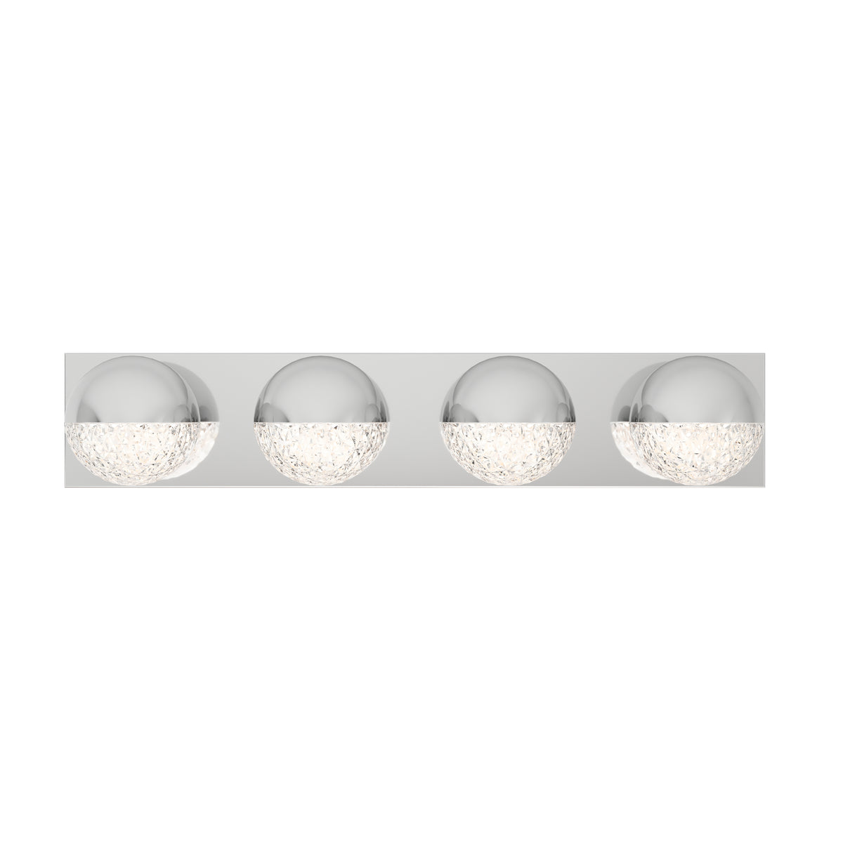 A modern wall-mounted light fixture with four round, chrome-finished lights, each half clear with a textured, sparkling glass design on the bottom half.