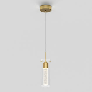 The Essence LED pendant light by Artika features a gold cylindrical fixture with a clear glass outer casing, suspended from the ceiling by a thin wire, set against a plain gray background.