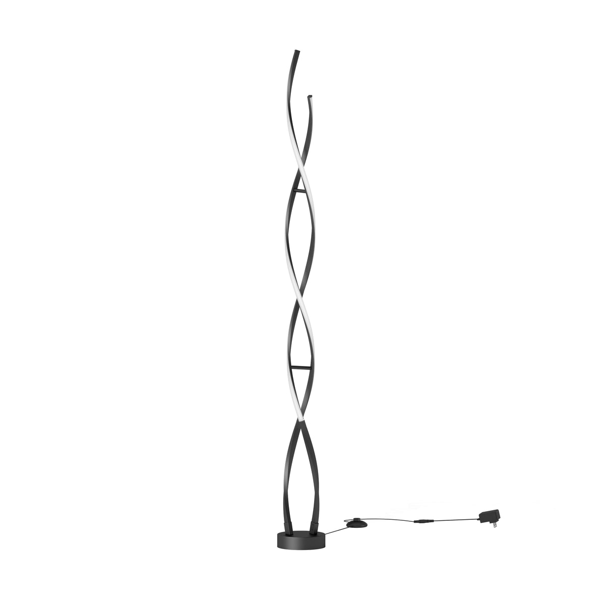 The Artika Swirl modern LED floor lamp features a twisted double-helix design in black and white on a round base, with an attached power cord and foot switch visible on the right.