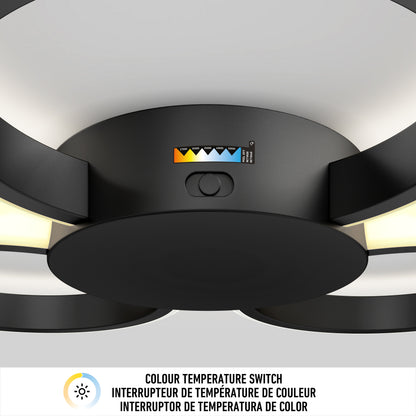 Close-up of Artika’s Nyala 15 in. LED flush mount light 5CCT, featuring a central button and color temperature switch displaying multiple light settings. Below, text in three languages describes the switch functions.