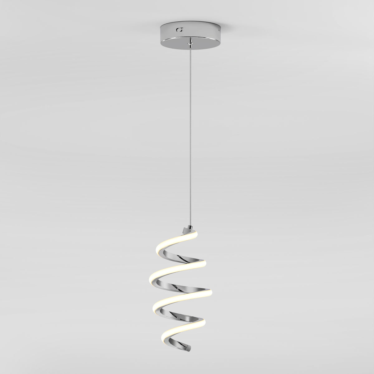 The Artika Chorus 1-light LED pendant features a metallic base and a glowing spiral-shaped LED design, hanging elegantly from the ceiling against a plain white background.