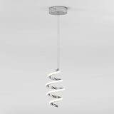 A modern pendant light with a spiral-shaped LED design hangs from a round ceiling mount against a plain white background. The light emits a soft glow along its curved form.