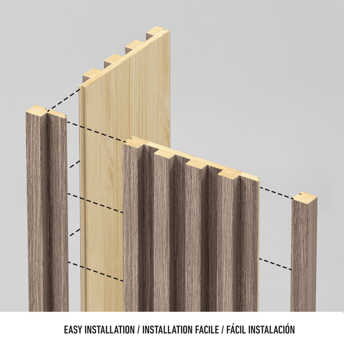 Exploded view of Artika Panolok 30.67 ft wall panel kit (pack of 8) shows oak-finish slatwall panels and plain board fitting together, with dashed alignment lines and "EASY INSTALLATION" in three languages, reflecting clean Scandinavian design.