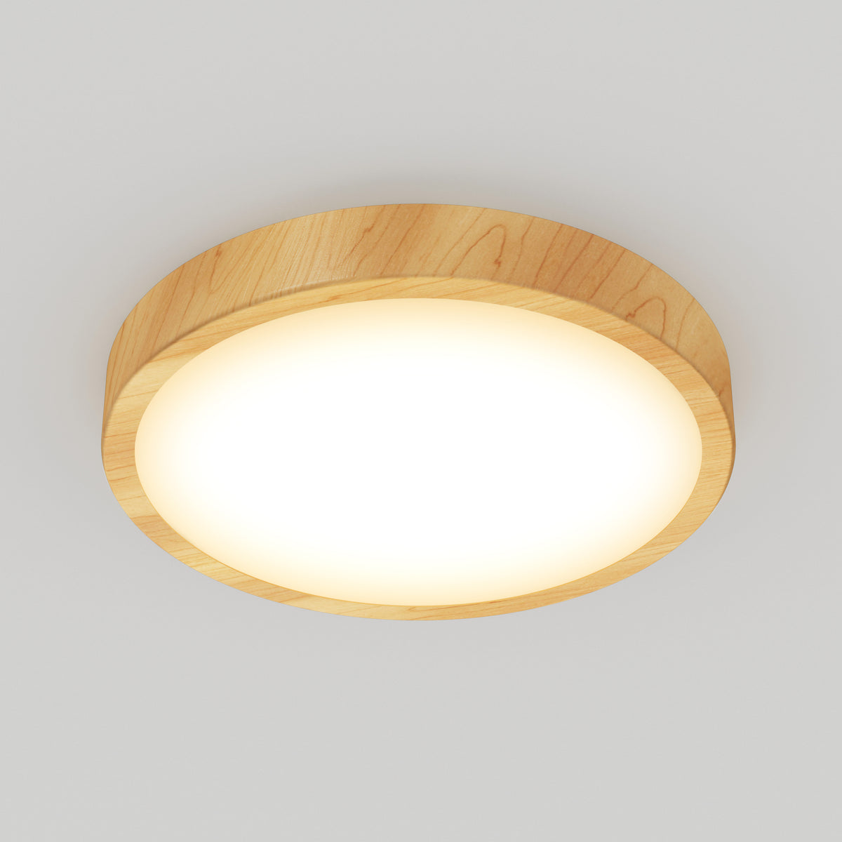 A round ceiling light with a wooden frame and a glowing white diffuser, mounted on a plain white ceiling.