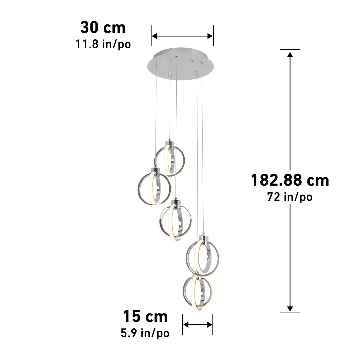 The Artika Soho modern 5-light LED pendant features five rings hanging at different heights, with a 30 cm (11.8 in) ceiling plate and a total length of 182.88 cm (72 in); each ring measures 15 cm (5.9 in) in diameter.
