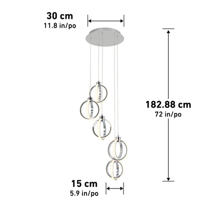 The Artika Soho modern 5-light LED pendant features five rings hanging at different heights, with a 30 cm (11.8 in) ceiling plate and a total length of 182.88 cm (72 in); each ring measures 15 cm (5.9 in) in diameter.