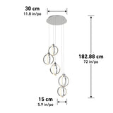 Modern pendant light fixture with four circular LED rings hanging at different heights from a round ceiling mount. Dimensions: 30 cm (11.8 in) diameter, 182.88 cm (72 in) height, 15 cm (5.9 in) ring diameter.