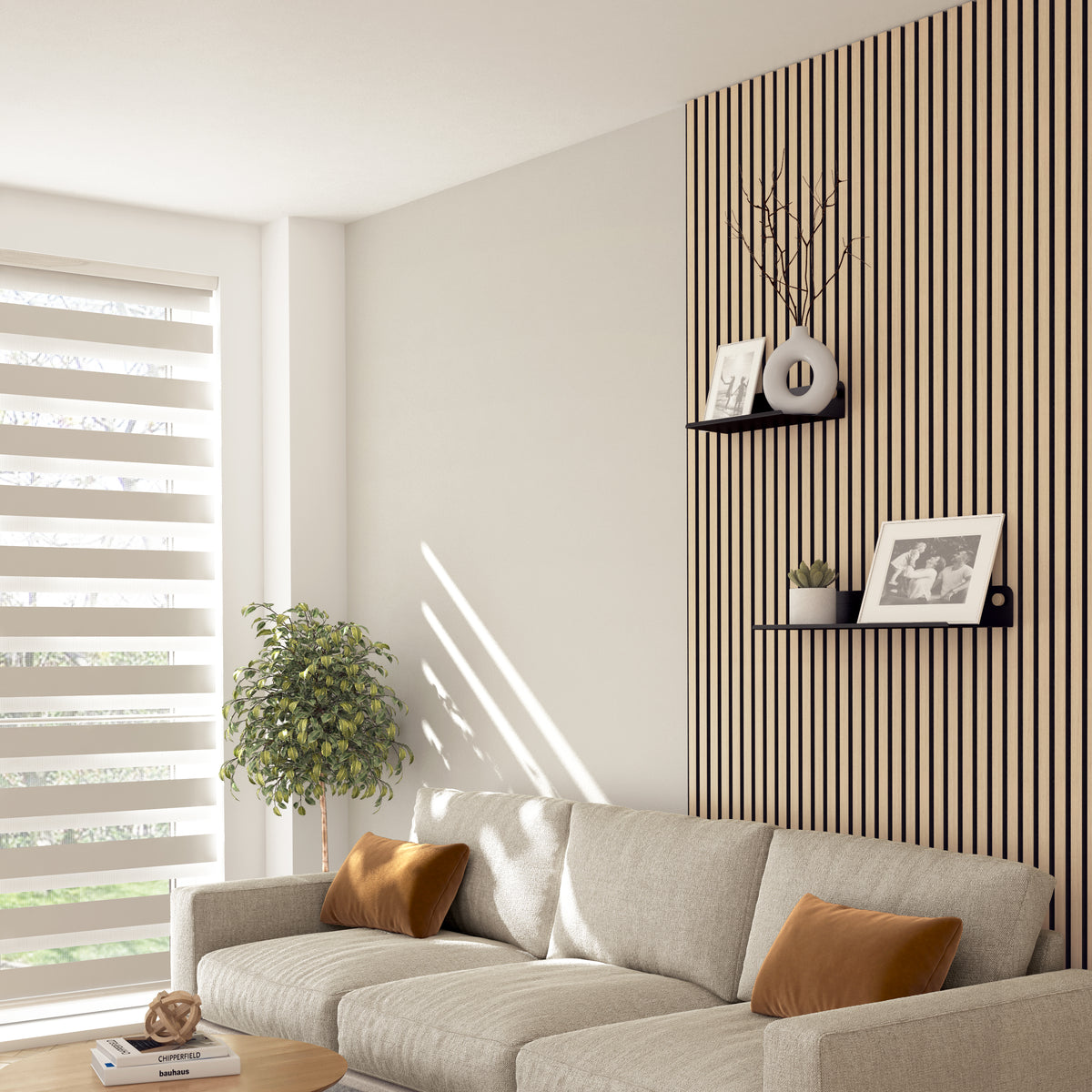 Modern living room with a light beige sofa, brown cushions, a potted plant, and sunlight streaming through striped blinds. Wooden slat accent wall features two black shelves with photos, a vase, and a decorative clock.