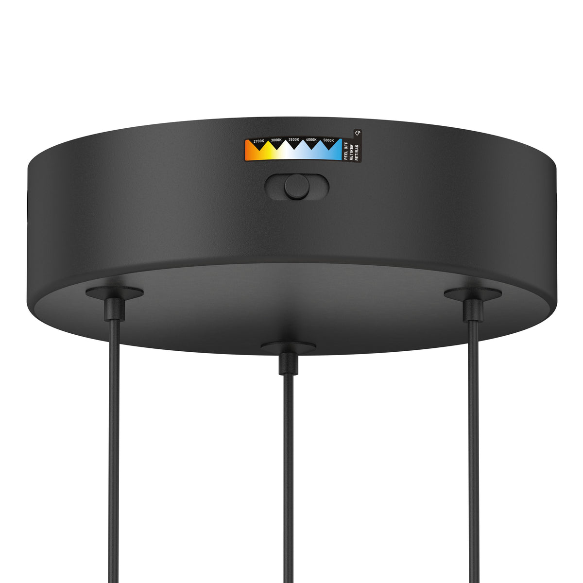 A close-up of Artika's Bolero LED pendant light 5 CCT shows its round black canopy with three hanging cords and a small LED dimmer switch featuring white, yellow, and blue indicators for adjustable color temperature.