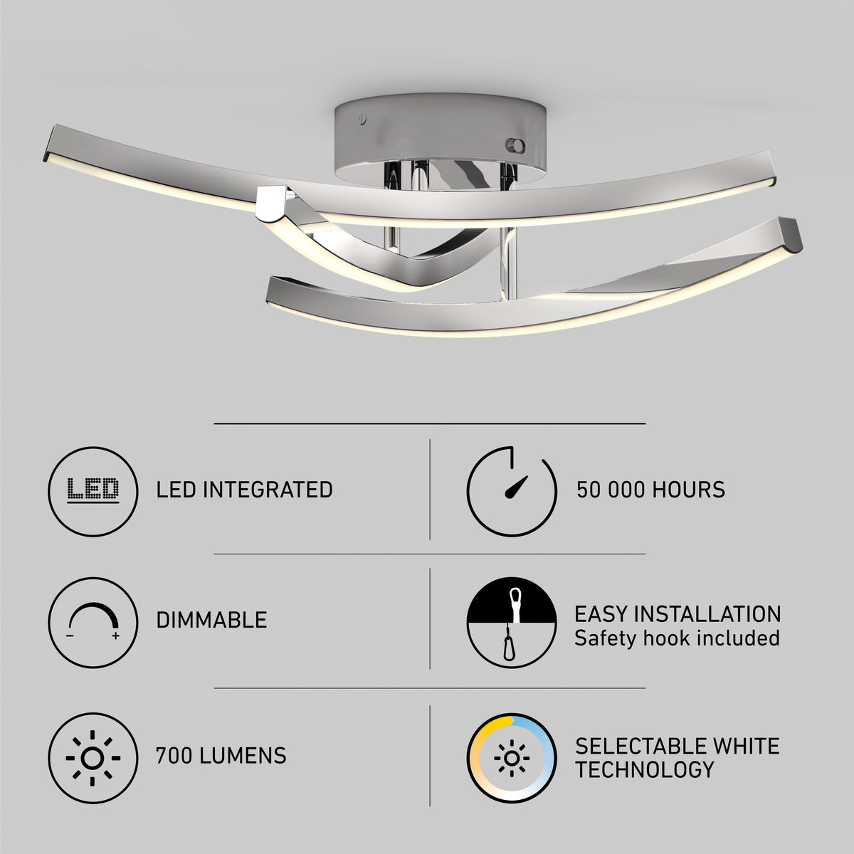 Modern chrome ceiling light fixture with curved LED bars. Feature icons indicate it is LED integrated, dimmable, 700 lumens, lasts 50,000 hours, easy to install, and has selectable white technology.