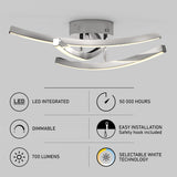 Modern chrome ceiling light fixture with curved LED bars. Feature icons indicate it is LED integrated, dimmable, 700 lumens, lasts 50,000 hours, easy to install, and has selectable white technology.
