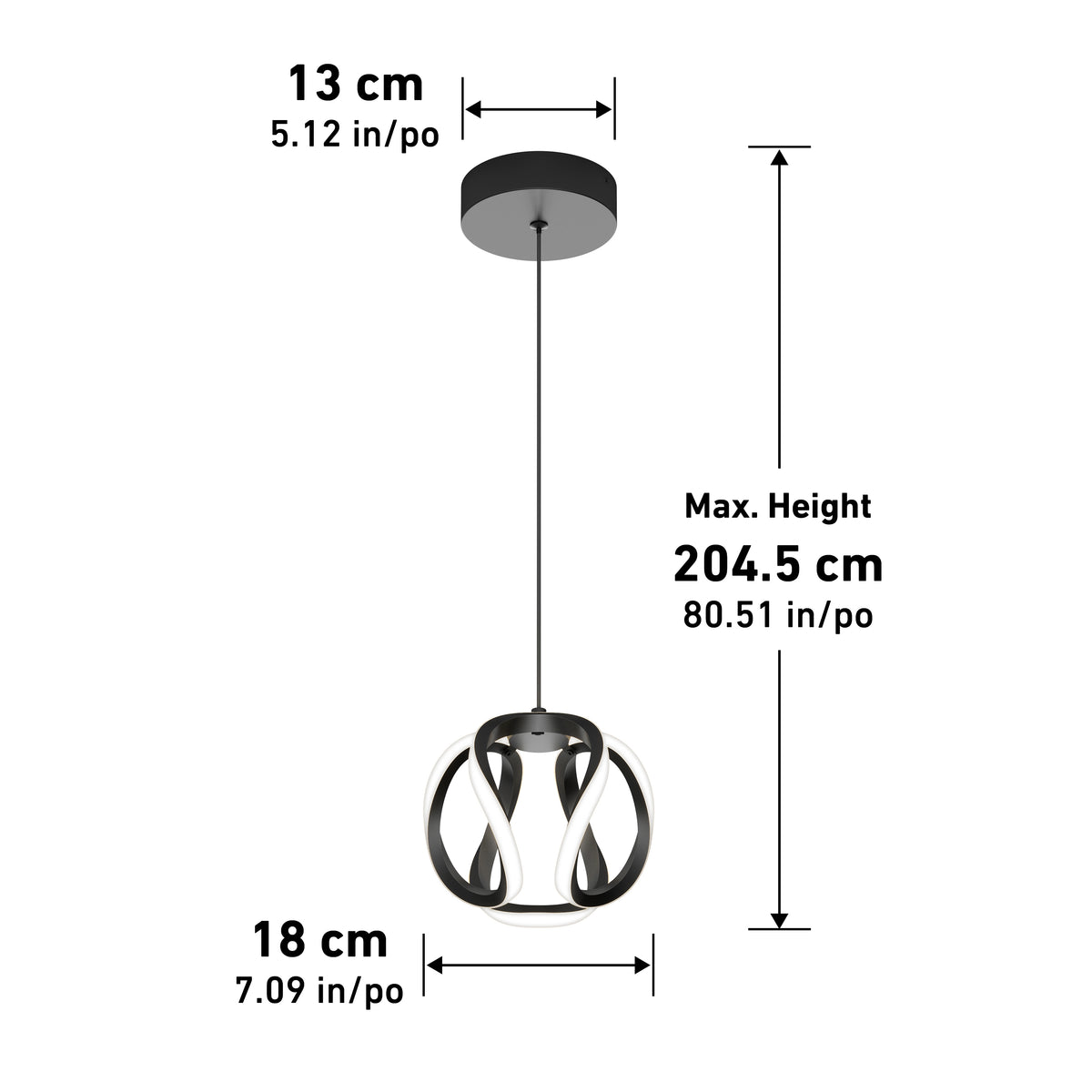 A modern pendant light with a circular, sculptural design. Dimensions: 13 cm wide ceiling mount, 18 cm wide pendant, and a maximum hanging height of 204.5 cm. Measurements shown in both centimeters and inches.