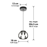 A modern pendant light with a circular, sculptural design. Dimensions: 13 cm wide ceiling mount, 18 cm wide pendant, and a maximum hanging height of 204.5 cm. Measurements shown in both centimeters and inches.