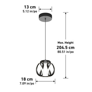 The Artika Vivaldi LED pendant light features a circular sculptural shade (18 cm/7.09 in diameter) and round ceiling mount (13 cm/5.12 in), with max hanging height of 204.5 cm (80.51 in). Adjustable 3 CCT lighting included.