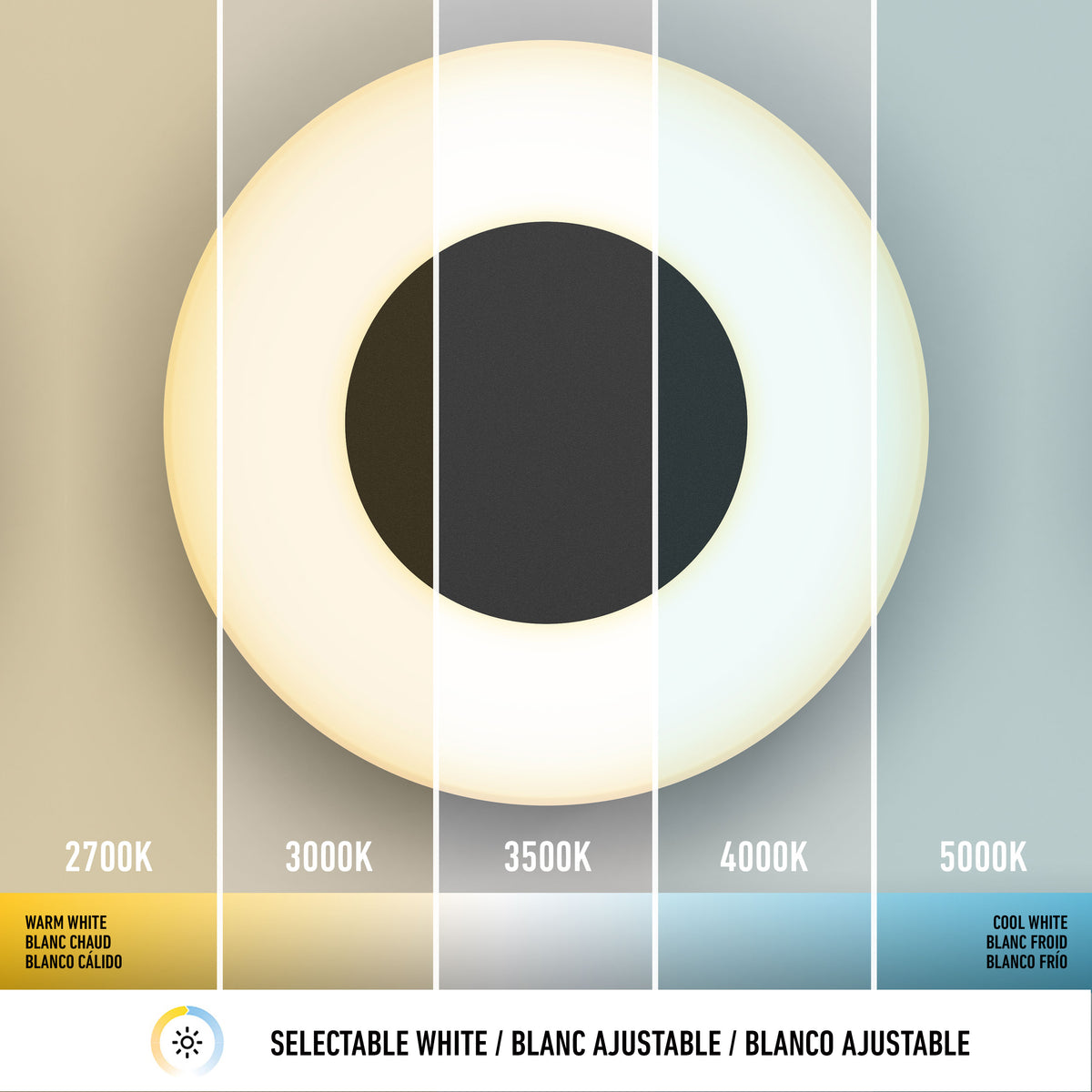 Circular ceiling light displays five color temperatures from warm white (2700K) to cool white (5000K), divided into labeled vertical sections: 2700K, 3000K, 3500K, 4000K, and 5000K.