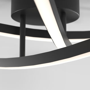 Close-up of Artika's Orly modern LED flush mount light 3 CCT with curved black arms and chrome finish against a white background.