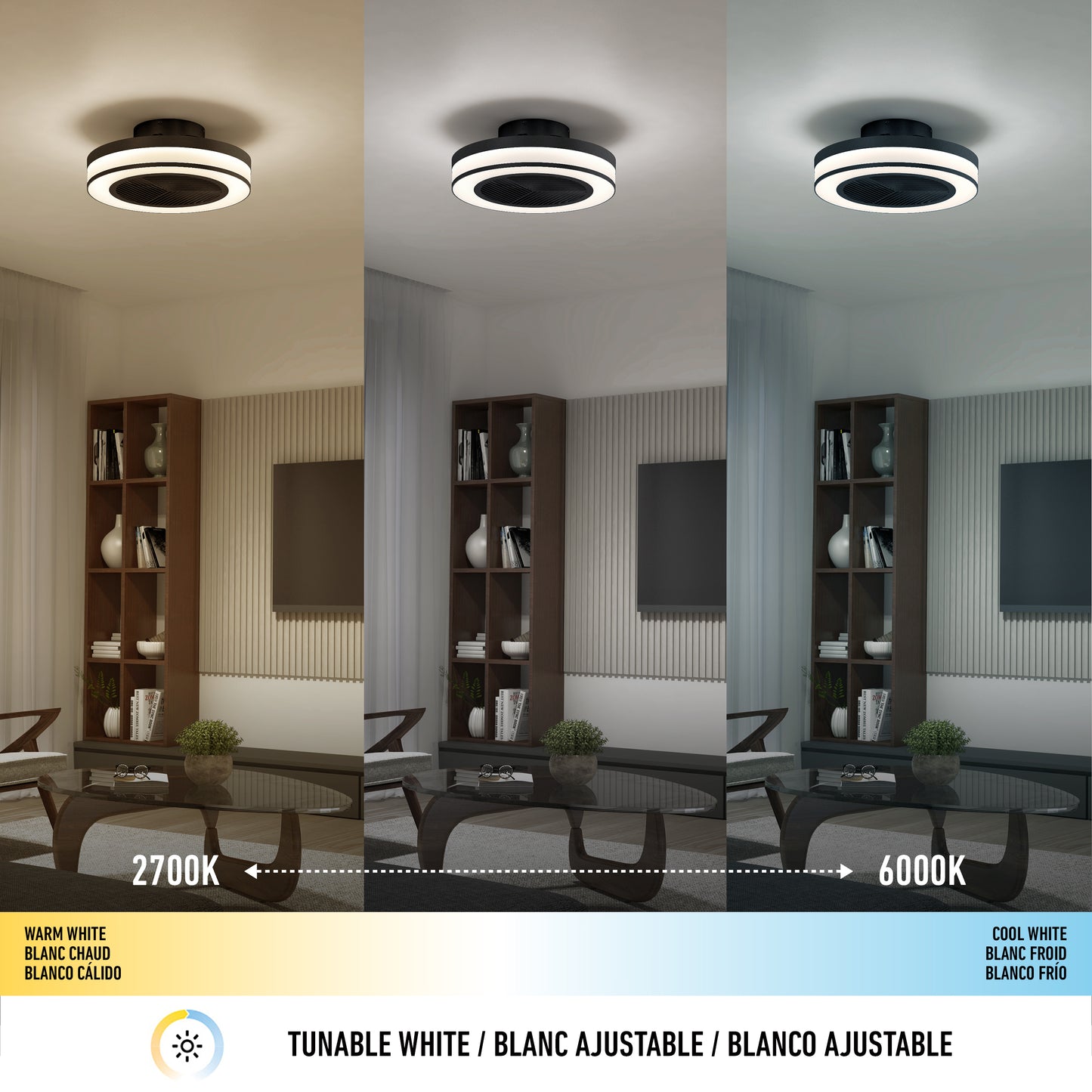 Three images show the Artika Elton 19.4 in. LED modern ceiling fan with remote in a living room, each displaying tunable white light temperatures: warm (2700K), neutral, and cool (6000K). A sliding scale highlights adjustable color options.