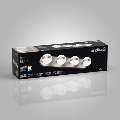 Box of an Artika Baldric vanity light fixture showing an image of the four-light brushed nickel fixture with frosted glass shades, product features, and specifications on a black background.
