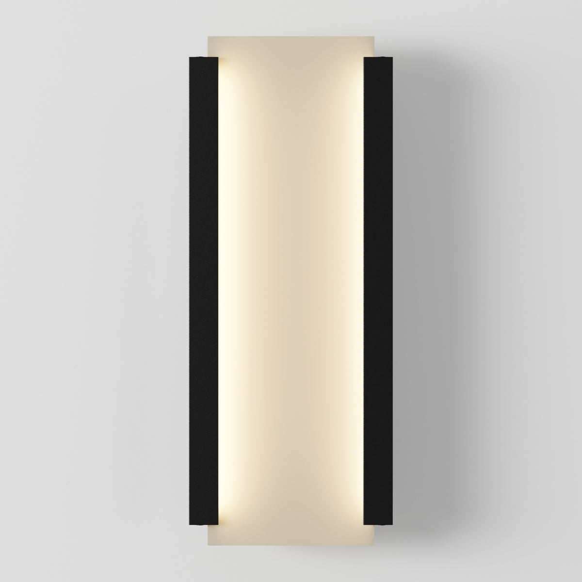 A modern wall sconce with a rectangular design, featuring a glowing central panel bordered by two black vertical strips on each side, mounted on a plain white wall.