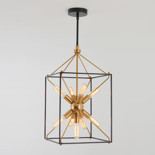 Artika’s Clyde 9-light pendant features exposed bulbs in a star shape with a black and gold geometric metal frame—modern and efficient.