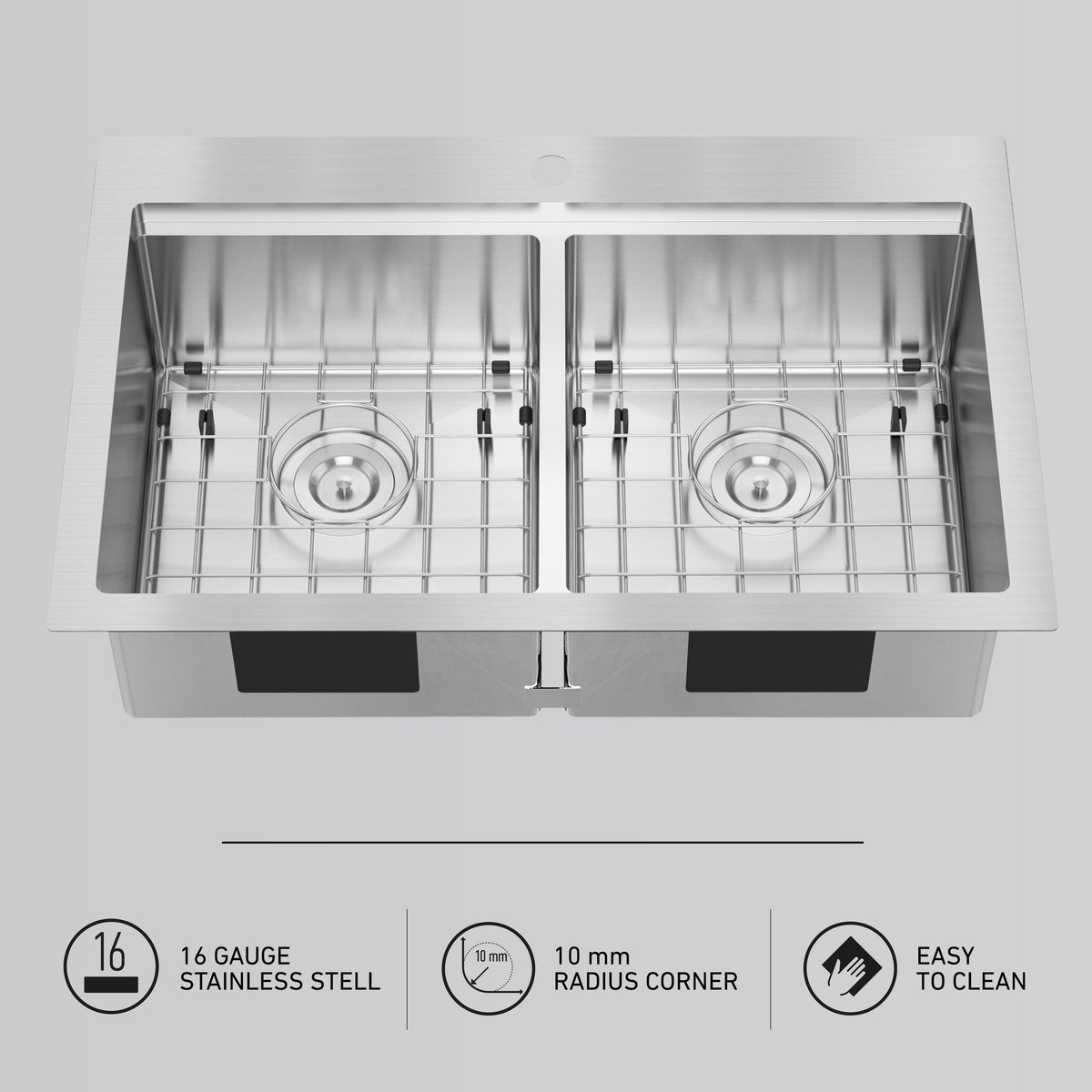 Top view of a double-bowl stainless steel kitchen sink with protective grids. Three icons below highlight its features: 16 gauge stainless steel, 10 mm radius corners, and easy to clean.