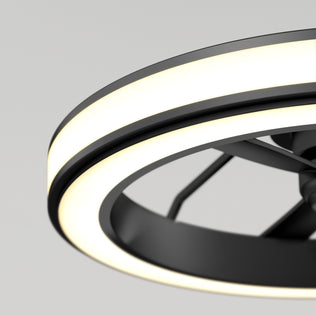 Close-up of Artika's Edwin 23 in. LED modern fandelier ceiling fan with light and remote, featuring a black frame against a plain backdrop.