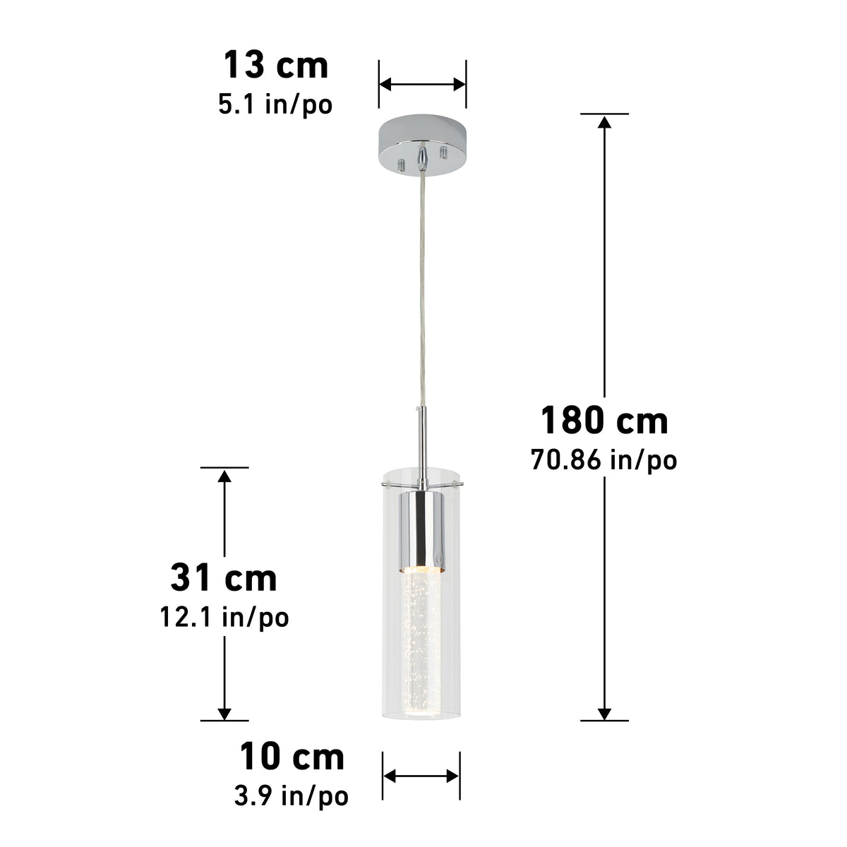 A modern pendant light with a cylindrical glass shade, shown with dimensions: canopy 13 cm wide, shade 31 cm tall and 10 cm wide, and adjustable hanging length up to 180 cm. Measurements in cm and inches.