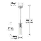 A modern pendant light with a cylindrical glass shade, shown with dimensions: canopy 13 cm wide, shade 31 cm tall and 10 cm wide, and adjustable hanging length up to 180 cm. Measurements in cm and inches.