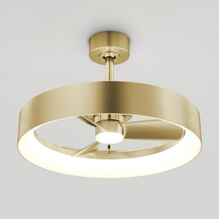 The Artika Austin 23 in. LED modern ceiling fan features a circular brushed gold finish, three blades enclosed in a gold ring, an integrated LED light, and a quiet motor. Includes remote control. Shown from below on a plain white background.