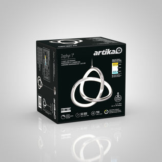 A black box package for the Artika Zephyr LED pendant showcases an image of the modern looped fixture and key details: 50,000-hour lifespan, 28W power consumption, and 700 lumens brightness.