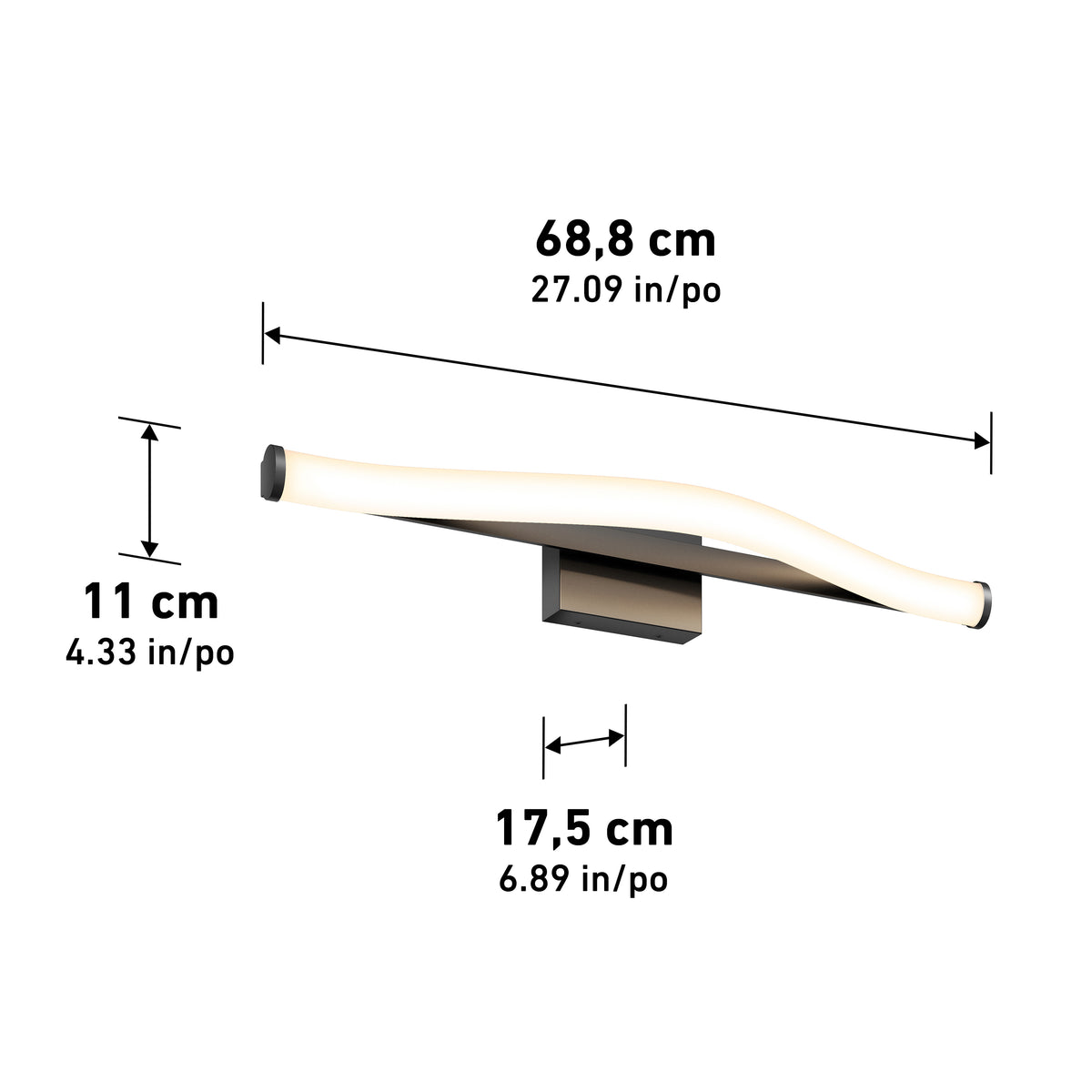 A modern wall-mounted light fixture with a curved design, featuring measurements: 68.8 cm (27.09 in) long, 17.5 cm (6.89 in) wide, and 11 cm (4.33 in) tall.
