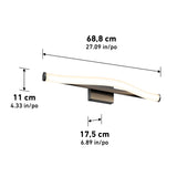 A modern wall-mounted light fixture with a curved design, featuring measurements: 68.8 cm (27.09 in) long, 17.5 cm (6.89 in) wide, and 11 cm (4.33 in) tall.