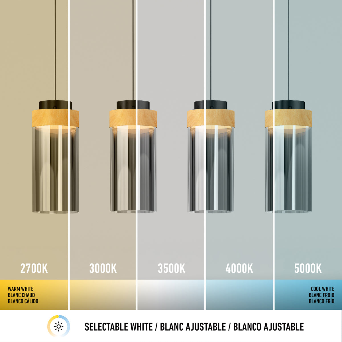 The Artika Hanson 4-light LED pendant features selectable white lighting, with four pendants shown side by side under different color temperatures from warm white (2700K) to cool white (5000K).