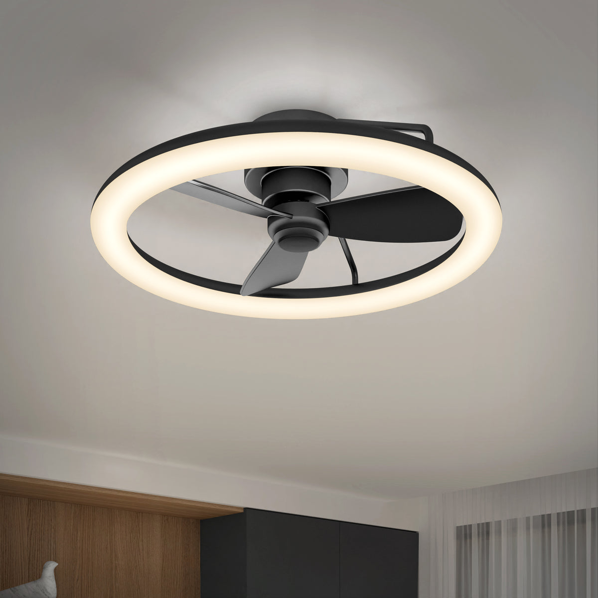 Artika Darren 23 in. LED fandelier ceiling fan with remote and light, three blades, modern style, on a white ceiling.