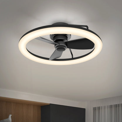 The Artika Darren 23 in. LED modern ceiling fan with three blades and a circular LED light is mounted on a white ceiling in a contemporary room. A wooden cabinet and curtains are visible below. Comes with remote control.