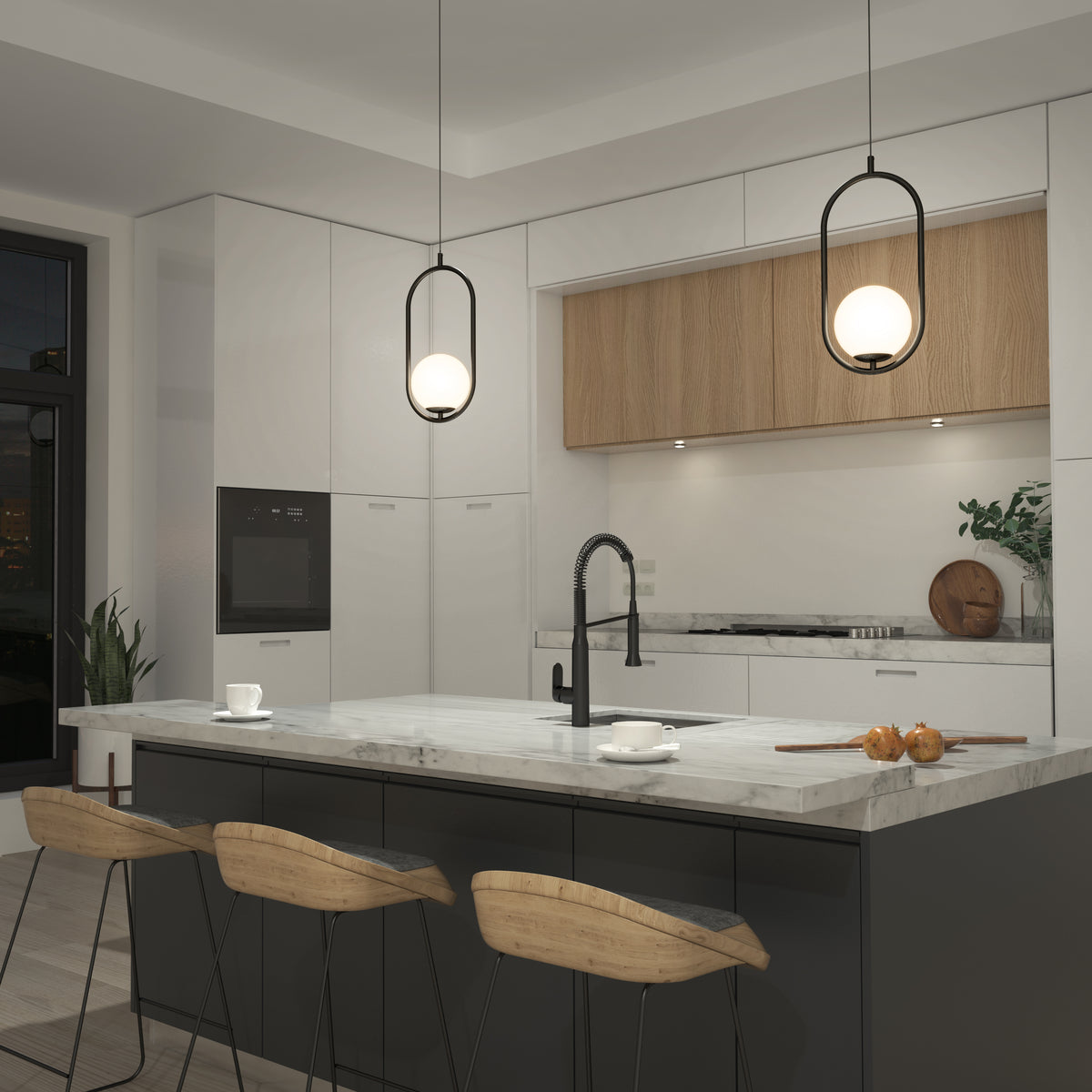 Modern kitchen with a marble island, three wooden bar stools, black faucet, two pendant lights, built-in oven, stovetop, and minimalist white and wood cabinetry. A plant and cutting boards decorate the counter.