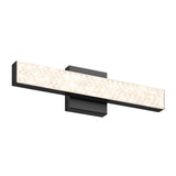 A modern rectangular LED wall sconce with a black base and a textured, illuminated front panel, mounted on a white background.