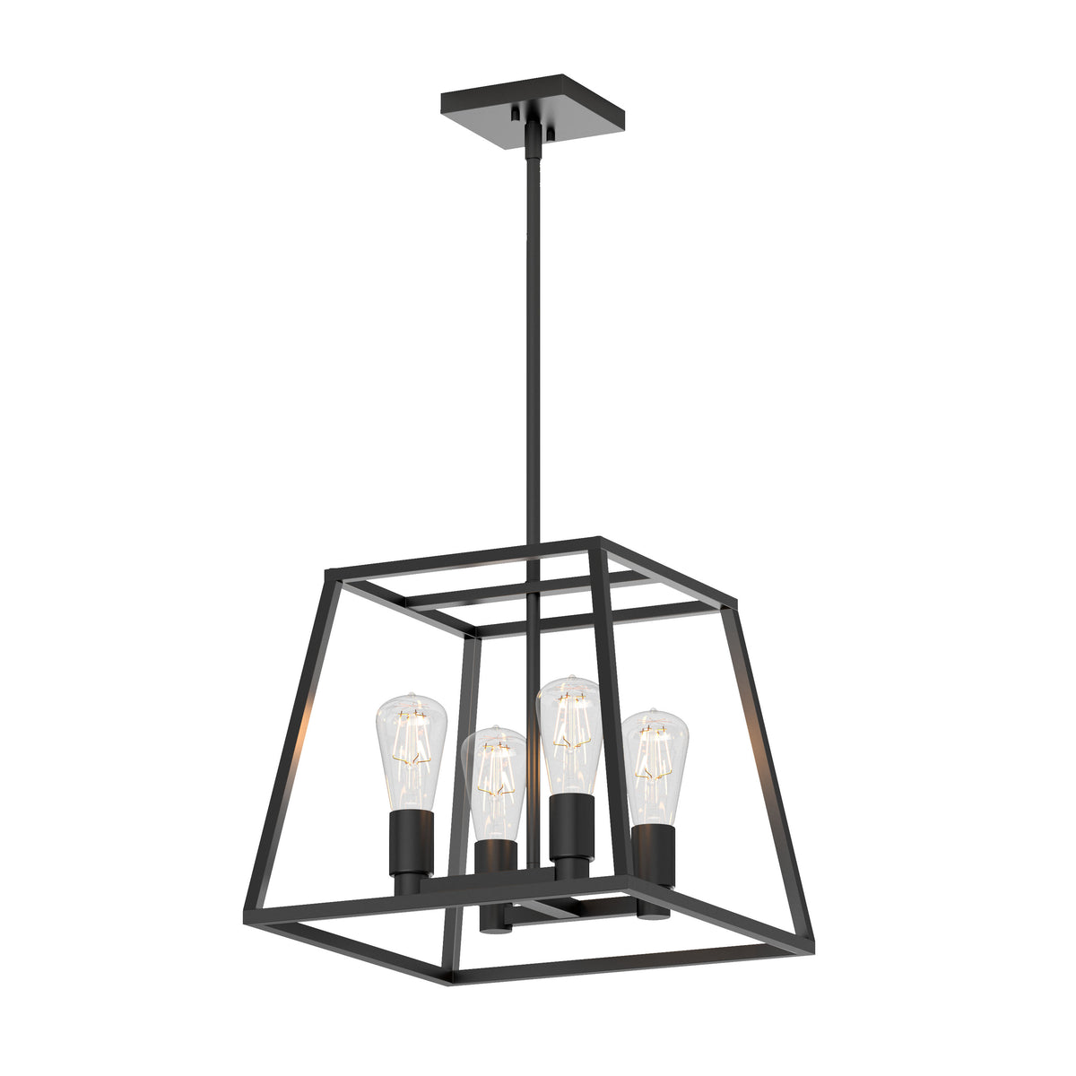 A modern pendant light fixture with a black metal geometric frame, featuring four exposed light bulbs arranged in a square pattern. The fixture hangs from a straight rod attached to a ceiling mount.