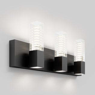 The Artika Hologram LED modern bathroom vanity light 5 CCT features three black bases and clear glass, perfect for mirror lighting.