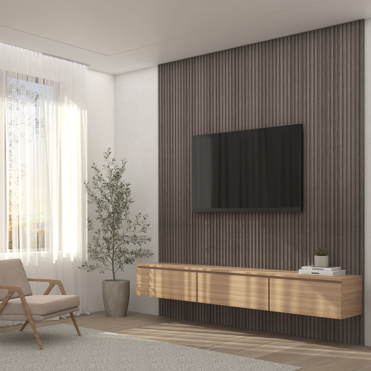Create a minimalist living room with an Artika Panolok 30.67 ft wall panel kit as a textured accent wall, a floating wooden cabinet below a wall-mounted TV, plus touches like an armchair, potted plant, and sheer curtains for natural light.
