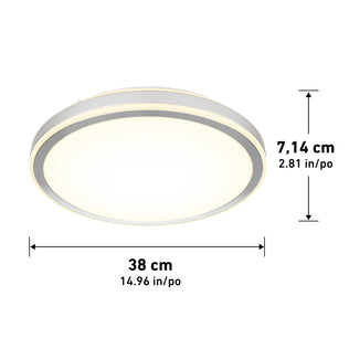 The Artika Altitude 15 in. LED modern flush mount light features an illuminated center and adjustable color temperature. Dimensions: 38 cm (14.96 in) diameter, 7.14 cm (2.81 in) height; shown on a white background.