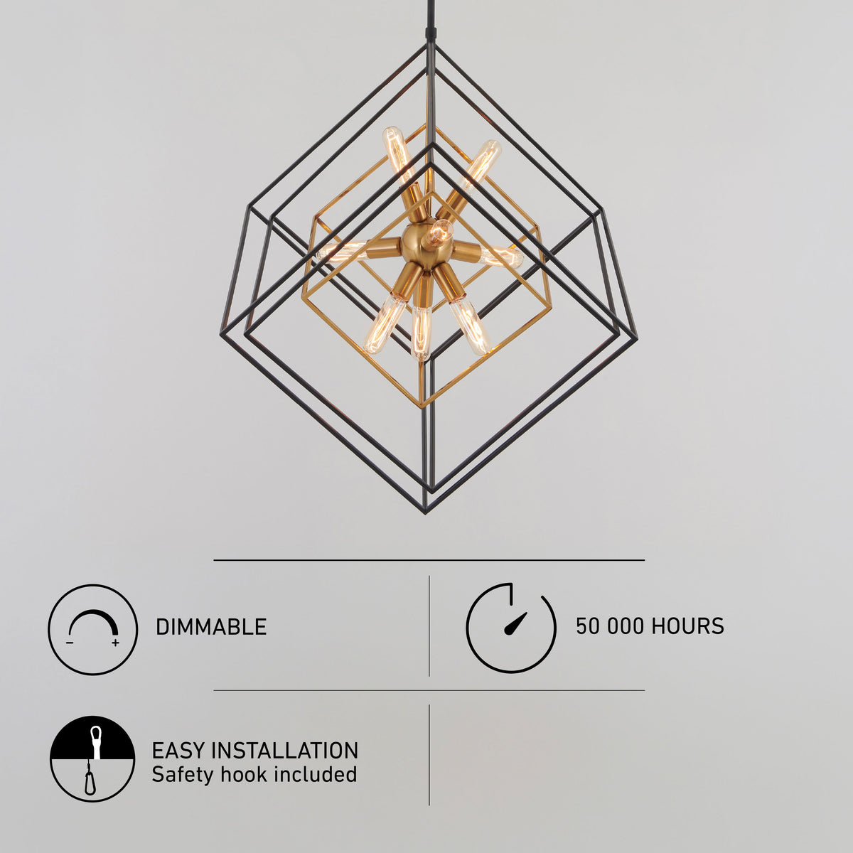 Artika Imperium 9-light LED chandelier: dimmable, antiqued brass, easy install with safety hook, exposed bulbs, long-lasting.