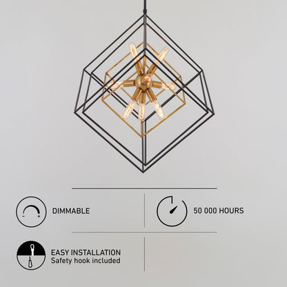 Artika Imperium 9-light LED chandelier: dimmable, antiqued brass, easy install with safety hook, exposed bulbs, long-lasting.