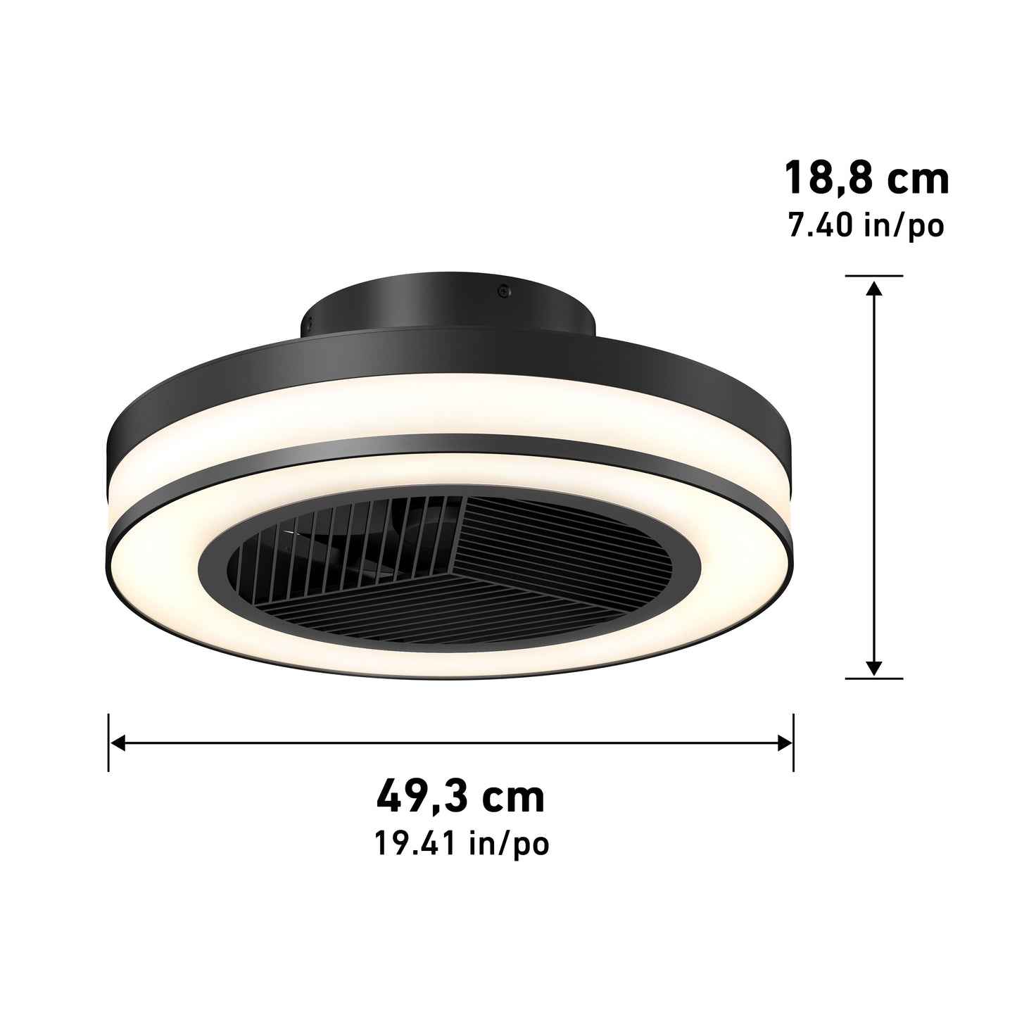 The Artika Elton 19.4 in. LED modern ceiling fan features a round black and white design with a central black vent, circular LED ring, three speeds, remote control, and measures 49.3 cm diameter by 18.8 cm high.
