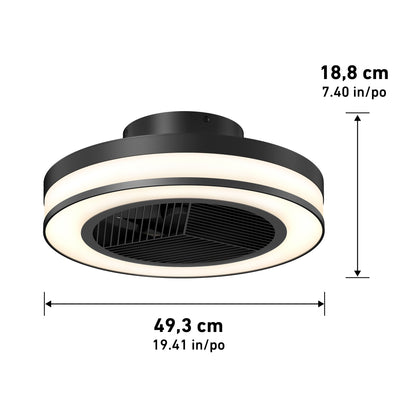 The Artika Elton 19.4 in. LED modern ceiling fan features a round black and white design with a central black vent, circular LED ring, three speeds, remote control, and measures 49.3 cm diameter by 18.8 cm high.