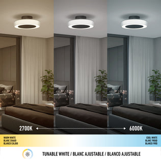 Artika’s Groove 20 in. LED modern ceiling fan features a remote to adjust 3 speeds and color temperature from warm (2700K) to cool white (6000K), as shown above a bed in three lighting modes with an on-screen slider and text indicators.