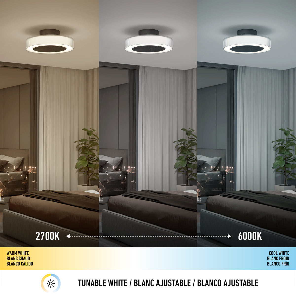 A bedroom with a modern ceiling light shown in three lighting modes: warm white (2700K), neutral, and cool white (6000K). A color temperature scale and labels in English, French, and Spanish appear below.