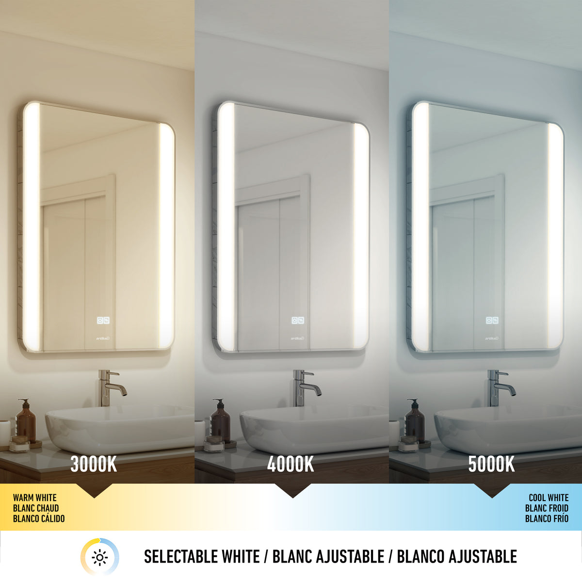 Three Artika Onyx 24″x32″ dimmable mirrors offer warm, neutral, and cool white LED light for your bathroom sink.